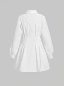 SHEIN Tween Mädchen Lässig Schule/Pendler Mode Tailliertes Plissee Taille Ausgestellter Kragen Knopfleiste Langarm Webkleid in Weiß, Rückkehr zur Schule Kleid - Weiss - Übersicht 3