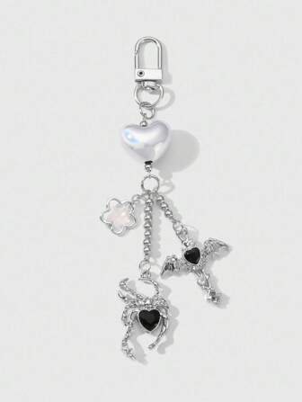 Kawaii 1pc Y2K Vintage Goth Style Silver Flower Resin Star CCB Beaded Black Crystal 3D Heart Wings Cross Spider DIY Keychain Bag Charm Phone Decor, Suitable For Women Daily/Holiday Gift