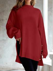 SHEIN Cottnline Suéter De Talla Grande Con Detalles De Botón Y Abertura Lateral - Rojo - Ver 6