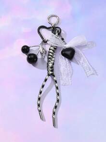 ROMWE Kawaii 1pc Delicate Gothic Style Black Resin Cherry, White Mesh Bow Braided Cord Acrylic Heart DIY Keychain, Phone Charm, Bag Decor, Suitable For Women, Girls, Daily Wear Or Gifts
