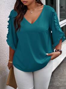 Calvaya Plus Size Summer Casual Solid Color Ruffle Trim Blouse,Valentine - Teal Blue - View 1