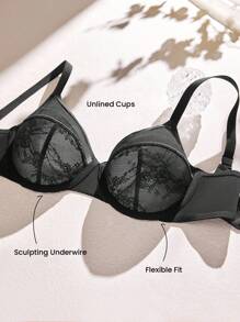 LUVLETTE 全覆盖支撑透气钢圈网眼蕾丝优雅黑色迷你文胸性感内衣 - 黑色 - 查看 2