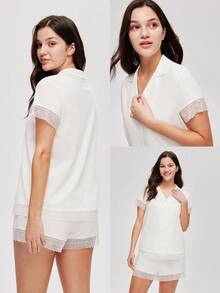 LUVLETTE 夏季女士透气100%纯棉白色蕾丝优雅饰边新娘内衣短袖纽扣上衣和短裤轻盈家居服睡衣套装浪漫舒适居家新娘内衣平角裤套装婚礼用品 - 白色 - 查看 3