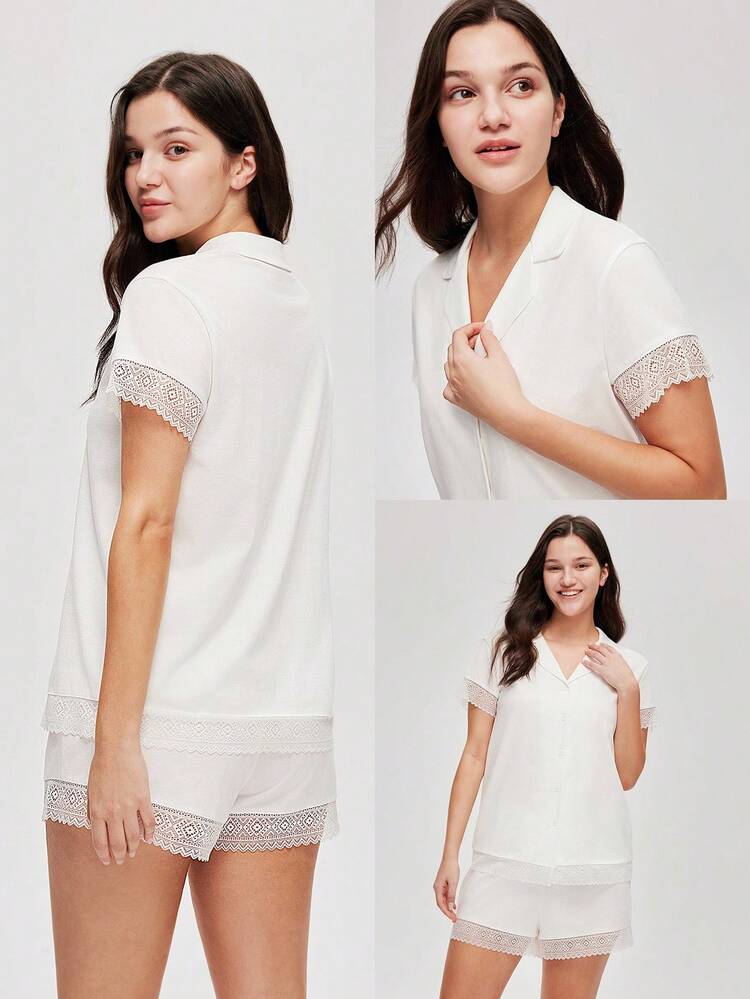 夏用女性用 通気性抜群 100%コットン ホワイトレース エレガントトリム ブライダルインナー 半袖ボタンアップトップ&ショーツ エアリーラウンジウェア パジャマセット ロマンチック ホームウェア ブライダルインナーボクサーセット ウェディングアイテム