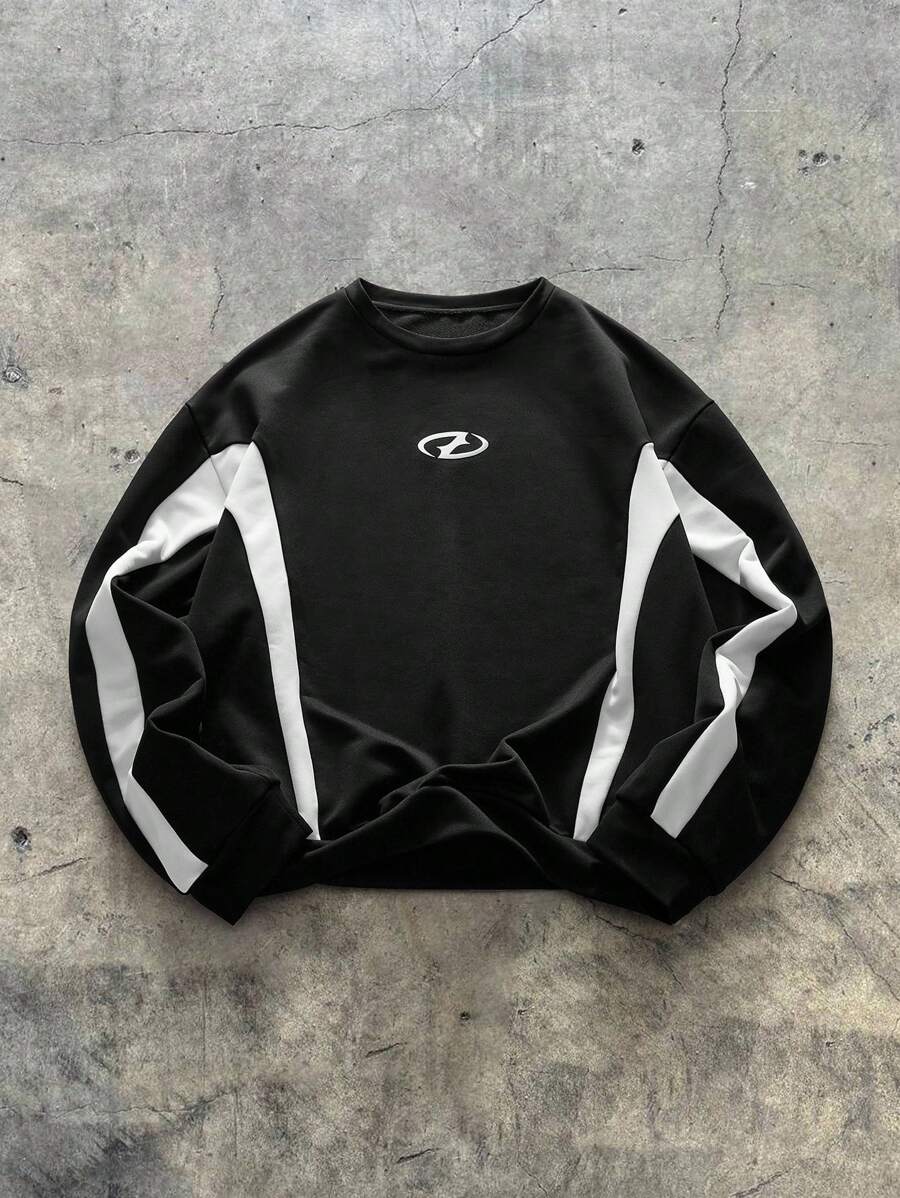 AXEPEAK Sudadera de cuello redondo informal con parches y contraste de colores para hombres de talla grande, para otoño e invierno