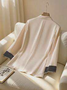 Franclia Women's Business/Casual Contrast Striped Cuff Sleeve Lapel Collar Double Breasted Open Front Blazer, Spring & Autumn Clothes For University - Apricot - View 2