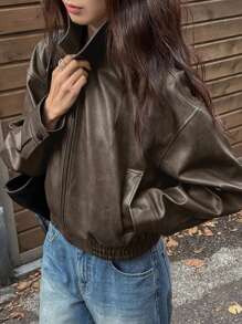 DAZY New Spring Distressed Leather Jacket Short Jacket Women, Regular Fit, Suitable For Valentine's Day Fall,Winter - Brown - View 3