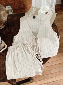 Comfortcana 2pcs Apricot Woven Striped Butterfly Lace-Up Vest And Shorts Women's Casual Set Suitable For Summer Leisure, Seaside Vacation, Office