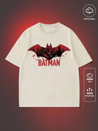 Batman X ROMWE Men's Letter & Figure Graphic Print Crew Neck Short Sleeve T-Shirt