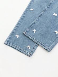 SHEIN Sparklyn 青少年女孩个性化白色蝴蝶结蓝色水洗宽松直筒牛仔裤，休闲度假风格牛仔裤 - 淺色水洗藍 - 查看 4