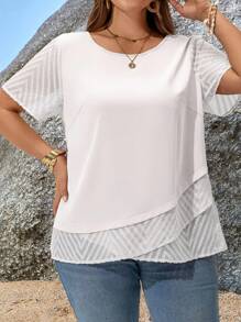 EMERY ROSE White Plus Size Casual Top With Mesh Short Sleeves And Round Neckline,Teacher Shirts - White - View 5