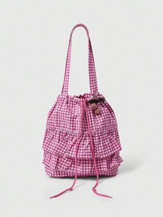 Kawaii 1 pieza Bolso de hombro de mujer con decoración de cereza a cuadros