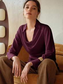 Revavyn Áo kiểu nữ cổ điển sang trọng bằng chiffon, xếp ly, cổ lệch vai, thích hợp mặc đi làm, cổ đổ, màu mận, màu tím đậm, áo kiểu nữ màu đỏ bằng chiffon dáng rộng, thích hợp cho lễ hội, đi nghỉ mát, áo đỏ, áo dáng rộng mùa thu, mùa thu. - Màu Đỏ Sâu - Xem 2