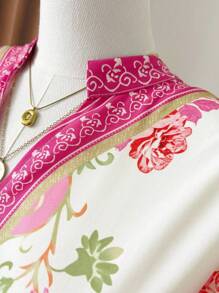 Rometta Đầm đi nghỉ tay bồng cổ đứng in hoa cỡ lớn cho nữ - Hồng - Xem 5