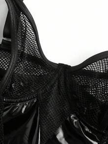 SHEIN Plus Size Sexy Mesh Bodysuit With PU Leather Contrast, One Piece - Black - View 3