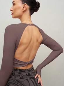 Activina Women's Solid Color Round Neck Open Back Twist Detail Sports Tank Top