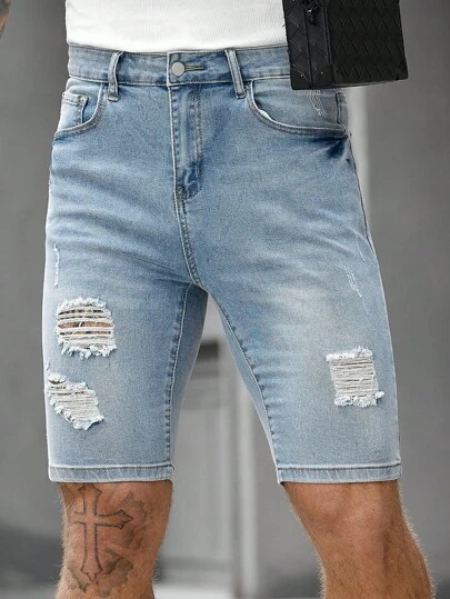 Manfinity Homme Men's Light Wash Ripped Denim Bermuda Shorts For A Street Casual Look. These Stylish Jean Shorts Offer A Comfortable Fit And Distressed Details.Suitable For City Walking, Parent-Child Outdoor Activities, All Seasons