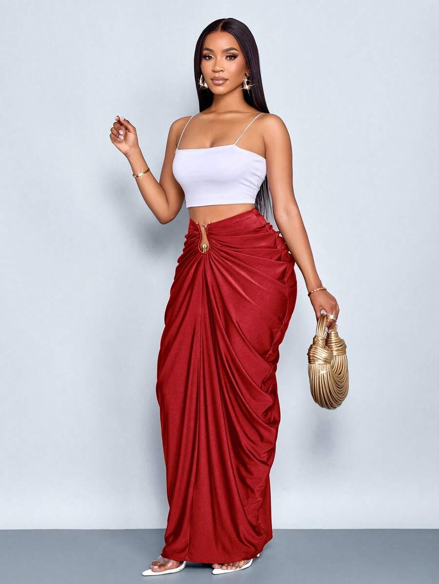 SOLERSUN Váy xếp ly màu trơn thời trang nữ - Màu Đỏ Sâu - Xem 1