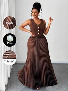 Maweii Conjunto de 2 piezas con chaleco sin mangas de diseño plisado elegante y falda, diseño versátil para mujer talla grande, nuevo para primavera/verano 2025 - Multicolor - Ver 1