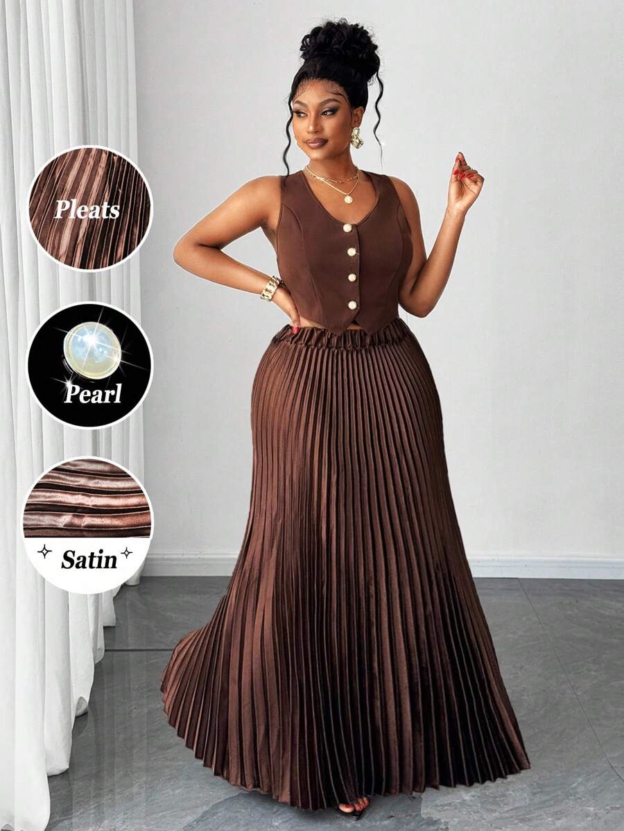 Maweii Conjunto de 2 piezas con chaleco sin mangas de diseño plisado elegante y falda, diseño versátil para mujer talla grande, nuevo para primavera/verano 2025 - Multicolor - Ver 1