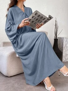 Yasmyna 女式纯色V领长袖休闲优雅阿拉伯连衣裙