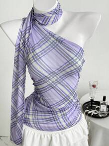 Elamini Women's Casual Summer Vacation Asymmetrical Neck Sleeveless Blue Plaid Halter Neck Flowy Chiffon Blouse - Mauve Purple - View 3