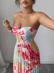 Elenzga Women's Elegant Romantic Printed Jumpsuit With Bandeau Top, Waist Cinched And Wide Leg