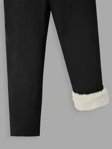 SHEIN Pantaloni dritti per ragazzi pre-adolescenti, con stampa del logo del cavallo, vita con bottoni e fodera termica