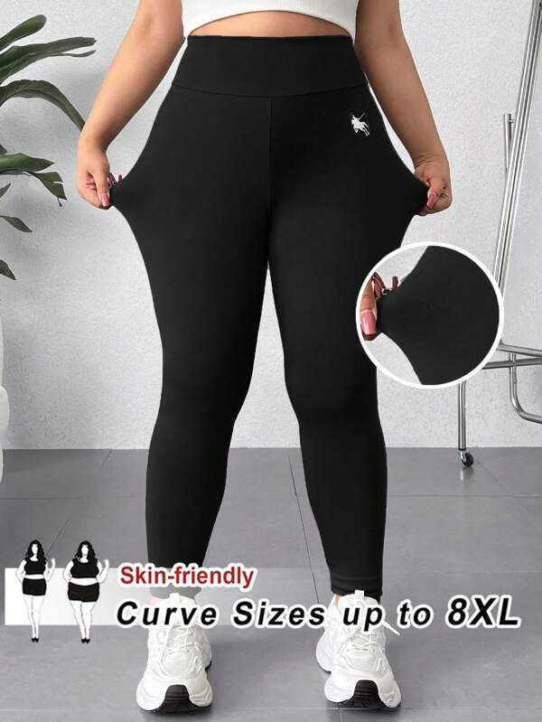 SHEIN CURVE+ Curves Plus Size/Chool Clothes/Back To School Clothes /Back To SchoolWomen Plus Size Casual Sports Knit Leggings, With Horse Hair Print Pattern, Back To School Season Plus Size Leggings Plus Size Tights Plus Size Yoga Pants Curve Plus Size Leggings Plus Size Workout Leggings