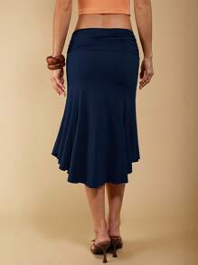 COSMINA Chân váy xếp ly bất đối xứng màu nâu thanh lịch dành cho nữ, thích hợp cho kỳ nghỉ hè - Xanh đậm - Xem 2