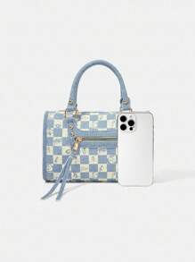 LOONEY TUNES X SHEIN 女士时尚休闲棋盘格印花摩托车风格顶部提手包 - 彩色 - 查看 6