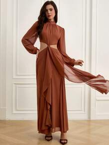 Aveloria 波西米亚风格彩色灯笼袖短款扭褶荷叶边下摆雪纺露背长袖连衣裙，秋季时尚