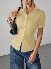 SHEIN PETITE 白色女款收腰百褶短袖襯衫，適合嬌小身型女性 - 黃色 - 查看 5