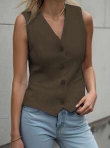 INAWLY Women's Solid Color Single-Breasted V-Neck Casual Vest Jacket For Autumn - Brown - View 1
