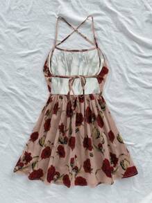 Soleia 女士浪漫红色花卉图案细肩带露背 A 字迷你连衣裙，时尚性感夏季海滩巡航度假连衣裙，适合情人节、狂欢节、复活节、中国新年 - 彩色 - 查看 2