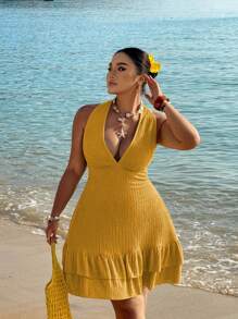 SHEIN SunnyBelle Đầm suông hở lưng cổ chữ V sâu cỡ lớn, đi nghỉ - Màu vàng - Xem 7