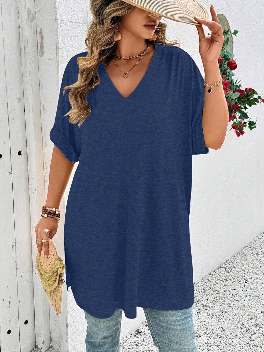 EMERY ROSE Plus Size Summer Casual Solid Batwing Sleeve Side Slit T-Shirt - Blue - View 1