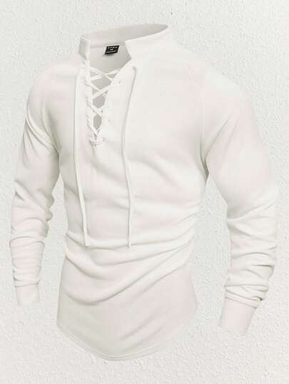 Manfinity VCAY Men Knitted Casual Plain Long Sleeve T-Shirt With Tie Fastening Neckline, Vacation, Boyfriend Gift White Tops For Men, White T-Shirts, Summer, For Fall