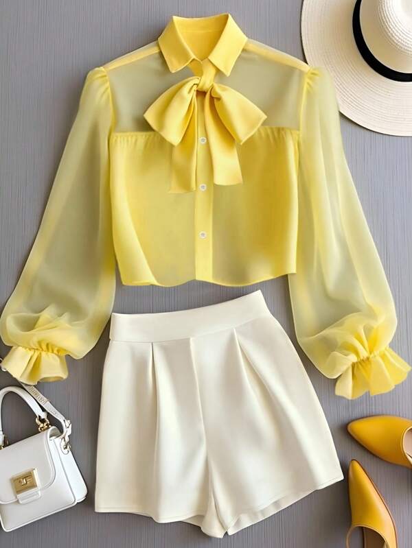 Franclia Set de 2 piezas blusa con cuello anudado, mangas con volantes y mezcla de malla; y shorts plisados, para primavera/verano