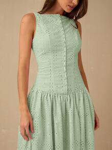 Enchnt Women's Vacation Embroidery & Button Design Sleeveless Elegant Dress - Mint Green - View 6