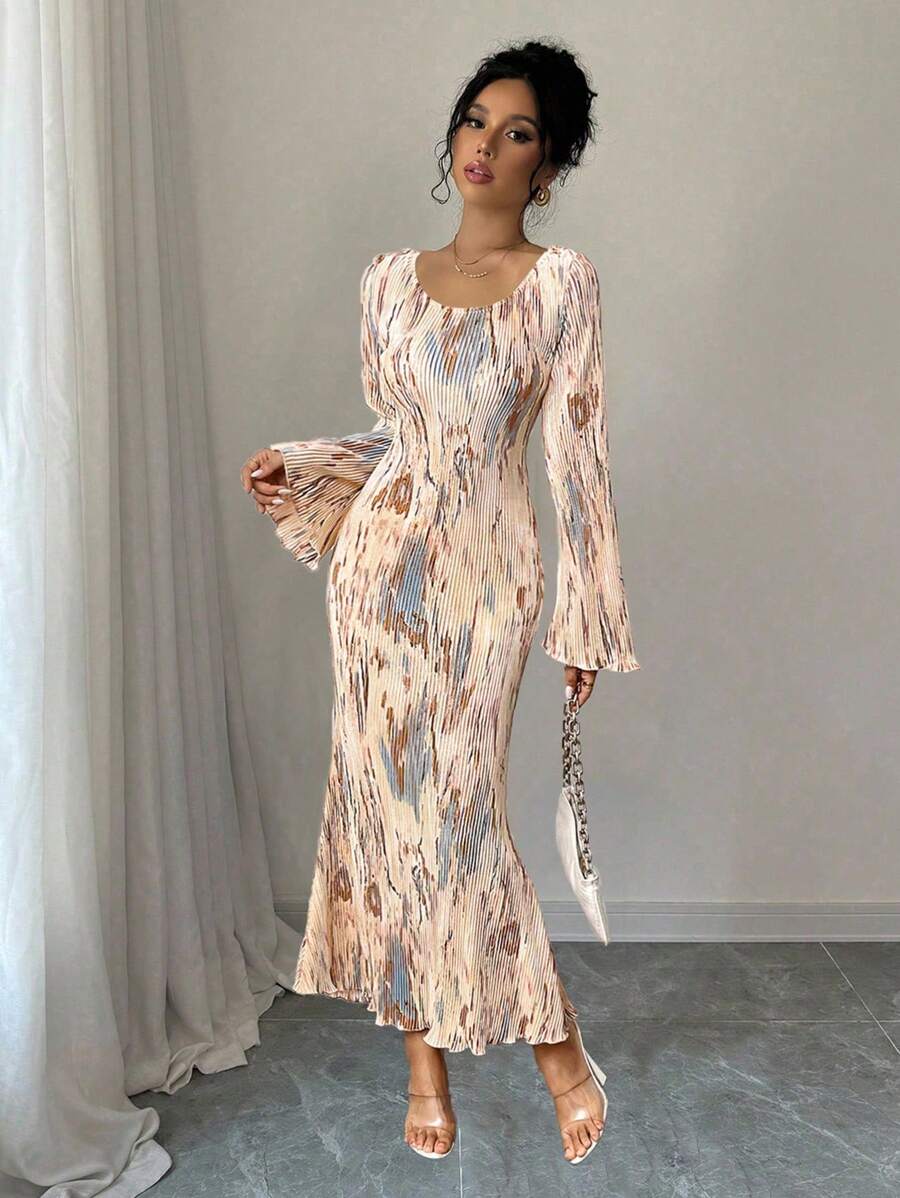 Selianne Women Tie-Dye Pleated Satin Mermaid Hem Fitted Midi Dress, Apricot Maxi Women Outfit Fall Cloth For Women - Khaki - View 1