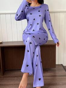 SHEIN Bộ đồ ngủ in hình trái tim màu tím, áo cổ tròn và quần dài tay, bộ đồ ngủ in hình trái tim màu tím thoải mái, bộ đồ ngủ màu hoa oải hương, quần áo thu đông - Màu tím - Xem 6