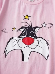 LOONEY TUNES X SHEIN Tween Girl Cartoon Cat Pattern Round Neck Short Sleeve T-Shirt Kids Cartoon Graphic Tee Sylvester The Cat Tops - Pink - View 4