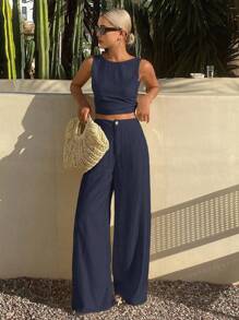 DAZY Bộ đồ hè thanh lịch dành cho nữ, gồm áo tank top và quần dài, thích hợp cho kỳ nghỉ. - Màu xanh hải quân - Xem 3