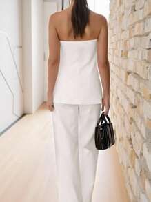 SHEIN Frenchy 2 件套女士休闲纯色抹胸和裤子白色套装