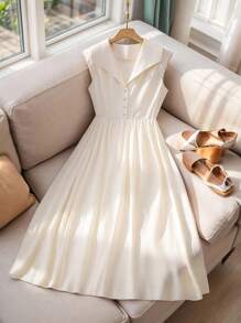 SHEIN Clasi Vestido midi de mujer de talla grande, de unicolor, diseño con botones en el cuello, sin mangas, de cintura alta y estilo vintage