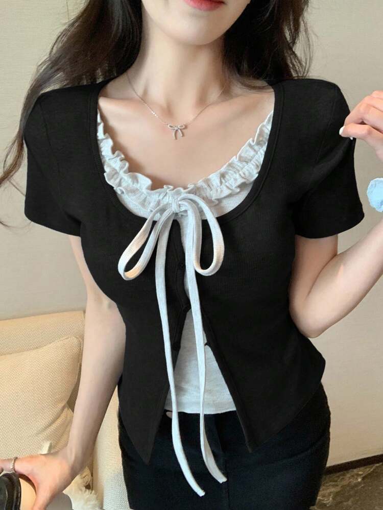 Women's Summer 2 In 1 Ruffles Bowknot Sleeve T-Shirt
