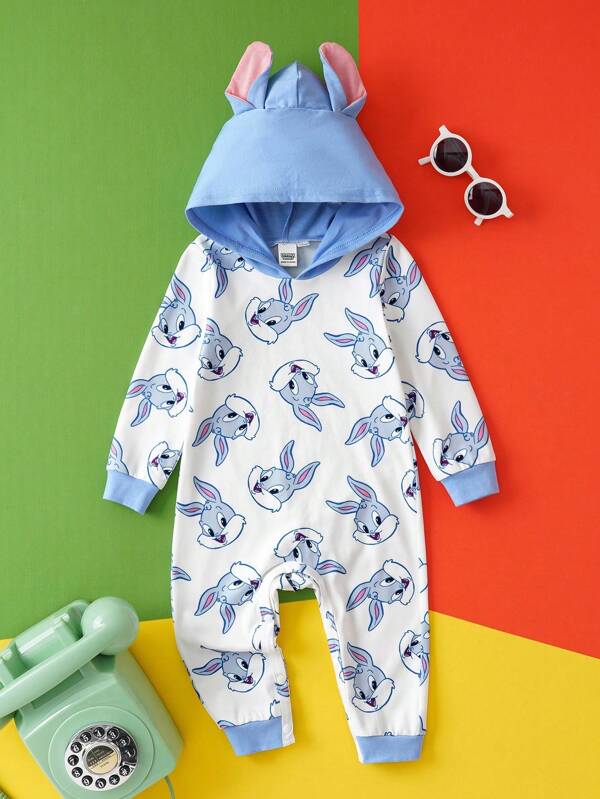 LOONEY TUNES X SHEIN Baby Boy Rabbit Animal Print 3D Rabbit Ear Hooded Jumpsuit , Suitable For Autumn/Winter