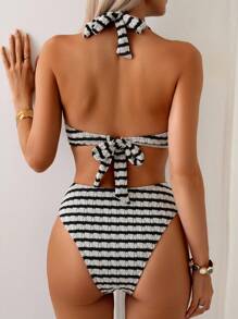 Swim Basics Women 2pcs Textured Multi-Color Fabric Bikini Set, Vacation Casual - Black and White - View 2