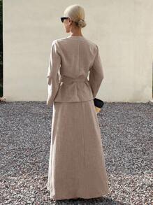 Livesso Dwuczęściowy komplet damski z koronkowym topem i spódnicą z krótkim ogonem, na lato i jesień - Kolor khaki - Zobacz 2